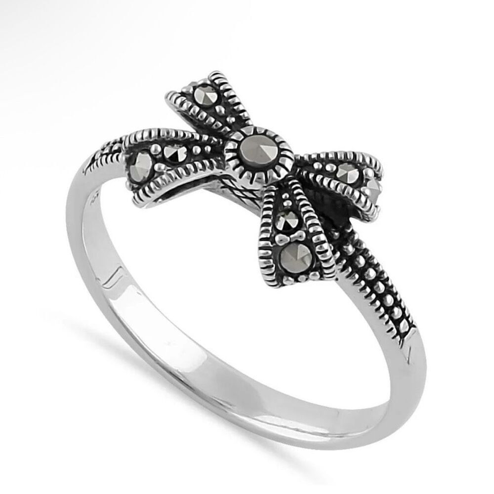 Sterling Silver Dainty Bow Marcasite Ring New